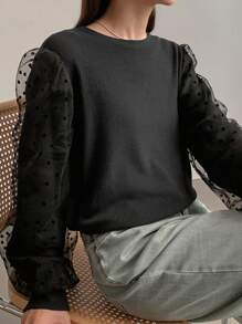 FRIFUL Women Fashion Polka Dot Mesh Contrast Black T-Shirt