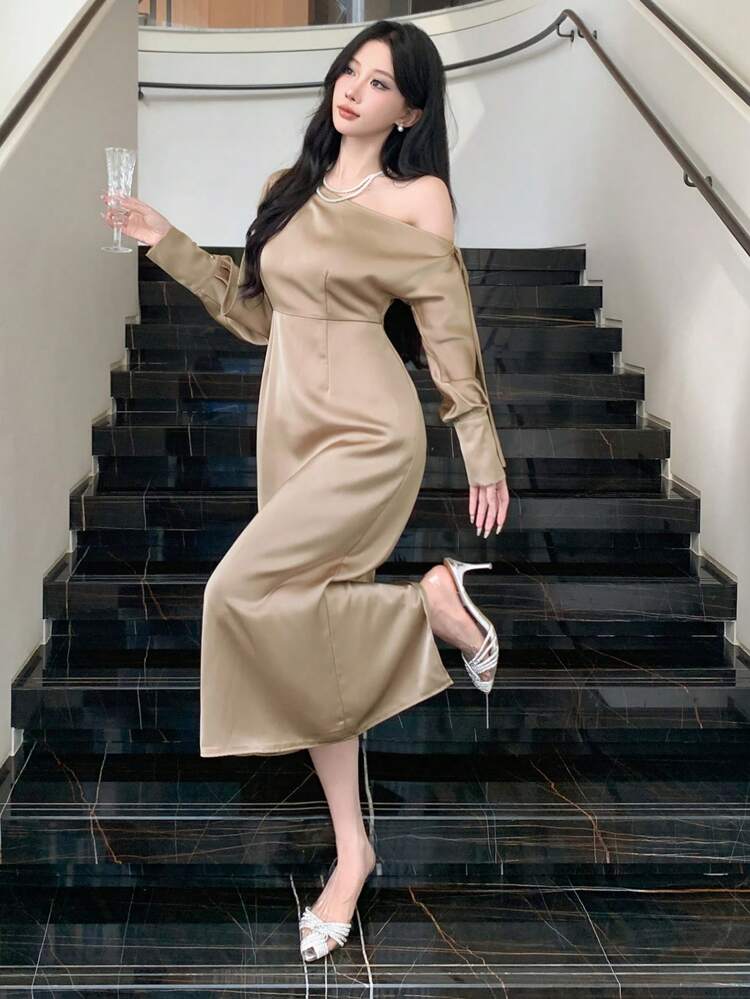 Solid Color Asymmetrical Neck Hollow Out Midi Dress For Women, Birthday Prom Dress,Fall Clothes Long Sleeve Dress Elegant Women Dresses