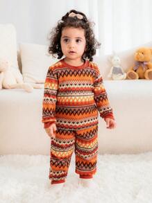 2 piezas Conjunto de top de manga larga y pantalones a juego de punto manual retro para bebé niña, tela suave y acogedora, para uso en exteriores