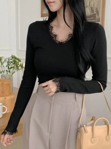 DAZY Áo len nữ cổ chữ V viền ren màu tương phản, ôm vừa vặn, áo dài tay, quần áo trở lại trường, quần áo nữ mùa thu - màu đen - Xem 4