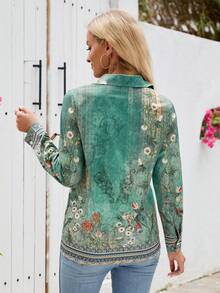 女士时尚休闲花卉图案翻领衬衫 - 綠色 - 查看 2