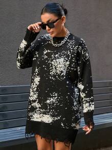 EURMUSE Women's Loose Pattern Distressed Ripped Knitted Sweater, Autumn Winter - Multicolor - View 3