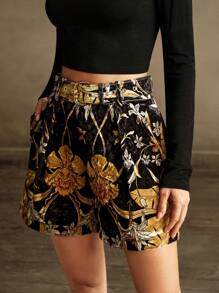Anewsta 女式天鹅绒花卉印花短裤配腰带，复古经典花卉图案，优雅外观，秋冬 - 黑色 - 查看 3
