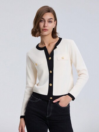 Kvinnors färgblock långärmad skarvkofta med knapp, vår/höst