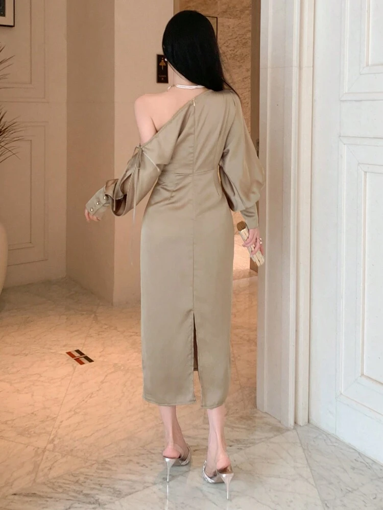 Solid Color Asymmetrical Neck Hollow Out Midi Dress For Women, Birthday Prom Dress,Fall Clothes Long Sleeve Dress Elegant Women Dresses