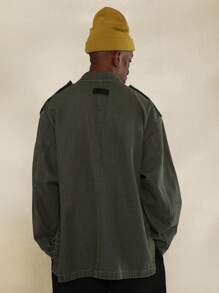 SUMWON Boxy Longline Utility Denim Shirt With Shoulder Tab Detail - Army Green - View 2