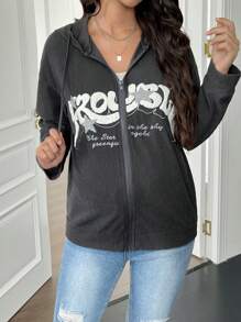 SHEIN 孕妇休闲落肩拉链连帽夹克，春秋 - 灰色 - 查看 5