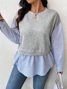 SHEIN CURVE+ 大码女式圆领长袖条纹印花弧形下摆拼布运动衫，秋装，秋季女式衬衫，秋季运动衫，法式领带 100% 纯棉蓝白条纹运动衫