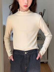 DAZY Tween Girls Solid Color Frill Collar Long Sleeve Casual T-Shirt, Autumn Winter - Apricot - View 5
