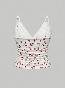 ROMWE Kawaii Plus Size Women Cherry Printed Contrast Lace Camisole, Summer - Multicolor - View 2