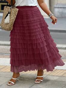 Plus Size Women Multi-Layer Mesh Ruffle Hem Skirt - Burgundy - View 4