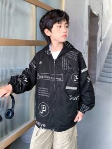 SHEIN Tween Boy Black Korean Style Loose Graphic Print Hoodie Jacket,Autumn Street Life Casual Graphic Street Fashion,School Back-To-School Outdoor Play - Multicolor - View 4