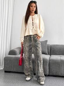 SHEIN EZwear Spring/Summer New Chiffon Women Petal Sleeve Bow Tie Casual Vacation Shirt Tie Front Blouse Lantern Sleeve Blouse Cream Blouse Ruffle Blouse Tie Up Shirt - Apricot - View 3