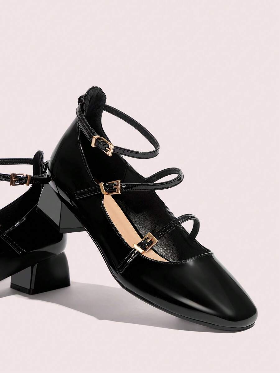 CUCCOO DOLLMOD Square Toe & Square Heel Buckle Strap Simple Black High Heel Pumps For Women Valentines - Black - View 1