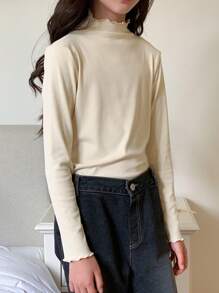 DAZY Tween Girls Solid Color Frill Collar Long Sleeve Casual T-Shirt, Autumn Winter - Apricot - View 4