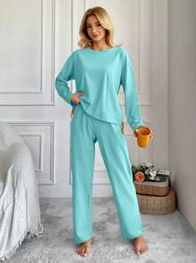 EURMUSE Women's Solid Color Crew Neck Long Sleeve Top & Pants Pajama Set - Baby Blue - View 4