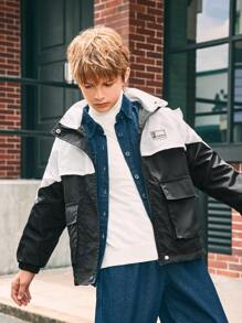 SHEIN Tween Boy 拼色袋鼠口袋连帽棉服外套，冬季 - 黑與白 - 查看 9