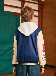 SHEIN Explorewe Tween Boy Contrast Color Letter & Smiling Face Graphic Baseball Jacket - Multicolor - View 2