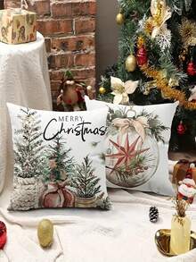 4pcs, Christmas Pillowcase 18x18 Inch Christmas Tree Gloves Hello Winter Decor Cuddle Pillowcase Winter Farmhouse Decor Family Sofa - Multicolor - View 4