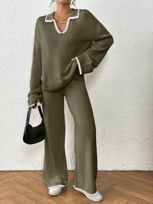 Ensemble femme décontracté en tricot avec pull à encolure en V ample avec liens de contraste et pantalon large en tricot ample