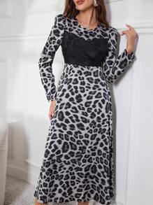 Modelyn Women's Elegant Leopard Print Patchwork Black Cinched Waist Long Sleeve Dress Long Evening Dresses Fall Cloth For Women - Black - View 5