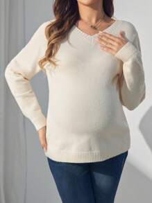 SHEIN V-Neck Long Sleeve Maternity Top With Ruffle Trim, For Winter - Apricot - View 6