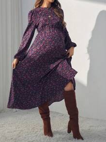 SHEIN Maternity Floral Print Crew Neck Long Sleeve Dress - Multicolor - View 4