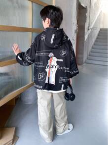 SHEIN Tween Boy Black Korean Style Loose Graphic Print Hoodie Jacket,Autumn Street Life Casual Graphic Street Fashion,School Back-To-School Outdoor Play - Multicolor - View 5