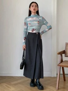 FRIFUL 女士纯色贴花开衩优雅半身裙