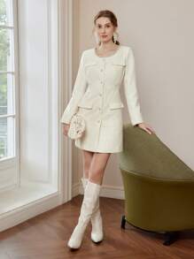 MOTF PREMIUM FLAP DETAIL SINGLE BREASTED PLACKET DRESS - White - View 8