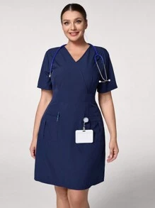 TaskEZ 大码女式夏季纯色 V 领短袖口袋休闲连衣裙护士服制服连衣裙 - 藏蓝色 - 查看 1