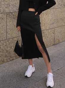 DAZY Women's Slit-Up-To-Thigh Long Skirt - Black - View 4