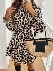 SHEIN Frenchy Women Leopard Print Stand Collar Long Sleeve Mini Dress  Winter Women Clothes  Leopard Fall Dresses  Party Women Dresses  Long Fall Dress Black Long Sleeve Dress Leopard Dress  Fall Women Dresses Black Homecoming Dress   Leopard Print Lantern Sleeve Ruffle Hem Belted Dress Cheetah