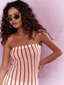 MISSGUIDED Strapless Bandeau Crochet Mini Dress Striped Bodycon Summer Knit Party Club Dress Form Fitting Beach Vacation Evening Attire