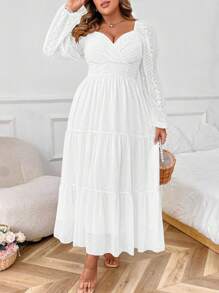 Celure Vestido maxi elegante de gasa bordada con escote de corazón y mangas farol para mujer de talla grande