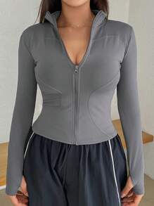 DAZY Chaqueta ajustada con cremallera delantera de unicolor, primavera otoño - Gris - Ver 2