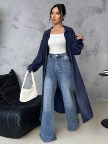 SHEIN LUNE Long Textured Fabric Casual Office Shirt Fall Cloth For Women - Navy Blue - View 5