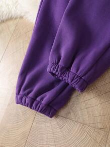 SHEIN Leap Crew Teen Girls Purple Tracksuit, Back To School, Casual Sports White And Purple Knitted Slogan Print Sweatshirt And Sweatpants Two-Piece Set - Purple - View 10