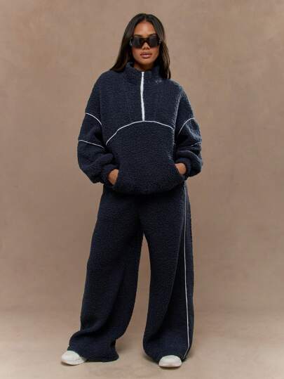 MISSGUIDED 舒适泰迪羊羔绒半拉链套头衫，带撞色滚边，冬季羊毛运动家居服，运动休闲日常外套