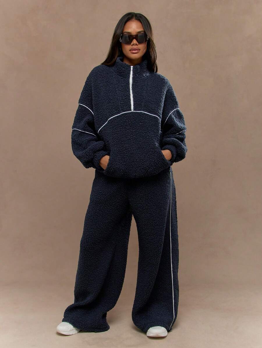 MISSGUIDED 舒适泰迪羊羔绒半拉链套头衫，带撞色滚边，冬季羊毛运动家居服，运动休闲日常外套