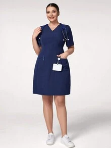 TaskEZ 大码女式夏季纯色 V 领短袖口袋休闲连衣裙护士服制服连衣裙 - 藏蓝色 - 查看 8