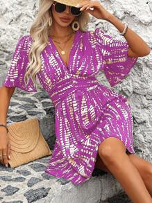 Breezaya Summer Casual Ruched Ruched Sleeve Allover Print Cinched Waist A-Line Dress - Mauve Purple - View 4