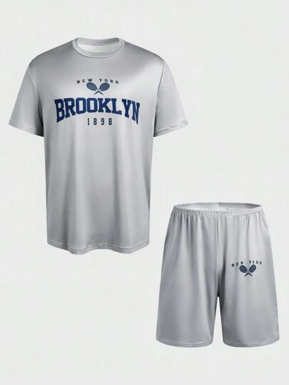 Text Graphic Crew Neck Short Sleeve T-Shirt And Shorts Men Pajama Set