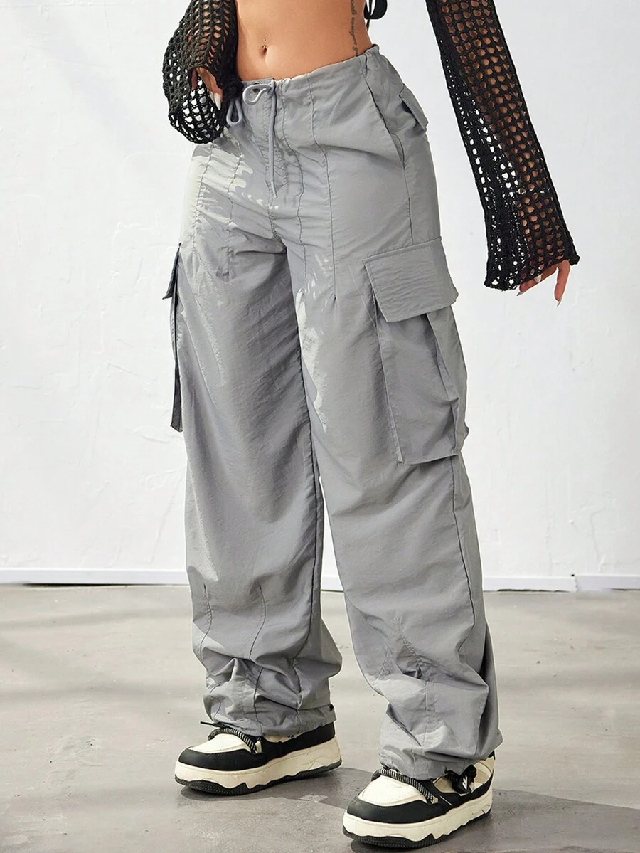 街頭風腰部抽繩闊腿降落傘工裝運動褲