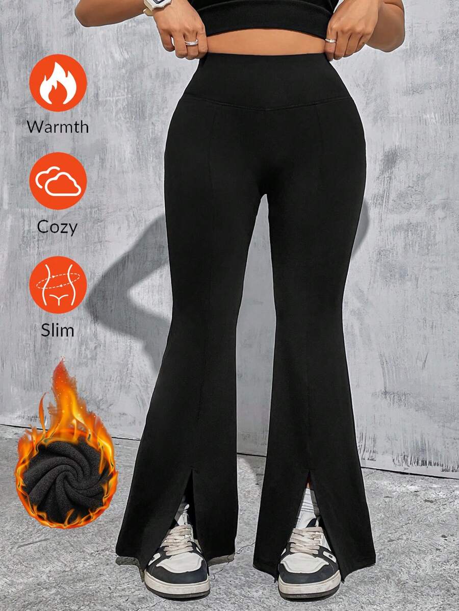 SHEIN EZwear Plus Size Women Black Knitted Slim Fit Flared Pants, Spring & Autumn - Black - View 1