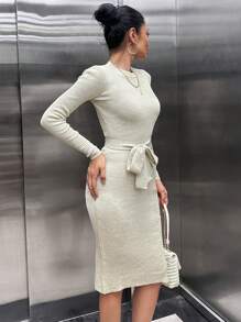 SHEIN Cottnline Women Bodycon Sweater Midi Dress With Belt Detail - Beige - View 4