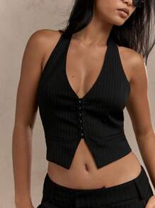 MISSGUIDED Tailored Pinstripe Plunge Halter Neck Top - Black and White - View 3