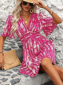 Breezaya Summer Casual All-Over Print Ruched Ruffle Sleeve Dress - Hot Pink - View 4