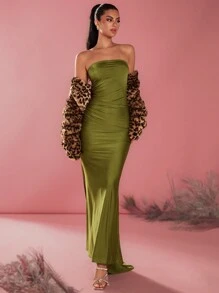 Glamine 女士豹纹长袖蓬松短夹克，冬季 - 棕色 - 查看 3