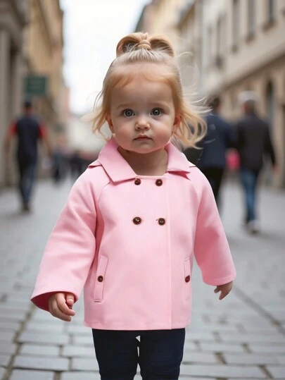 Baby Girls' Fashionable Plain Color Long Sleeve Double-Breasted Detachable Hoodie Windbreaker Casual Multifunctional Design